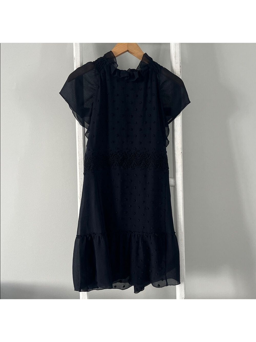 See by Chloe High ruffle neck black chiffon polka dot flutter sleeve dress 2 - Picture 2 of 15